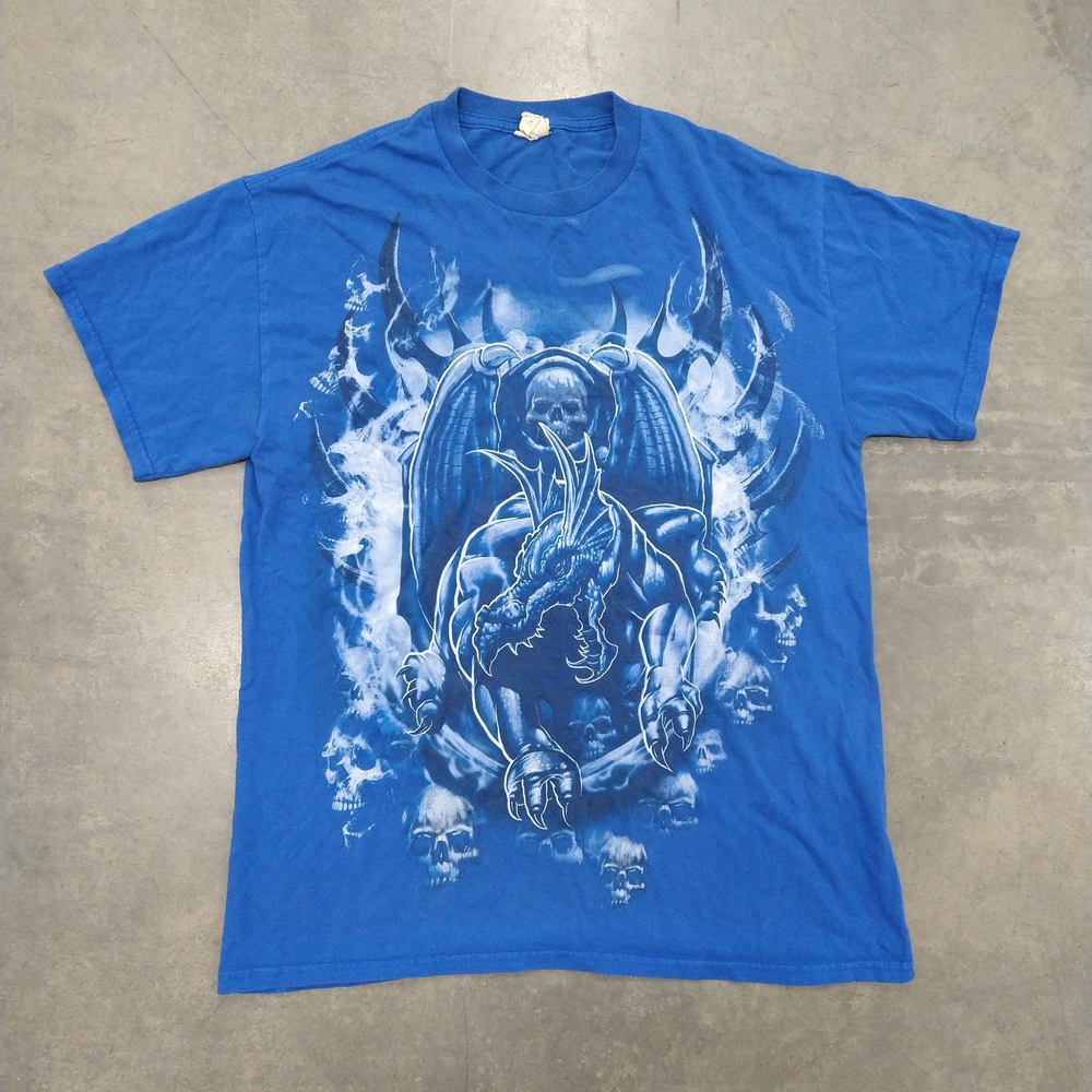 Dragon Skull Blue Graphic Men's T-Shirt M Measurements Gildan